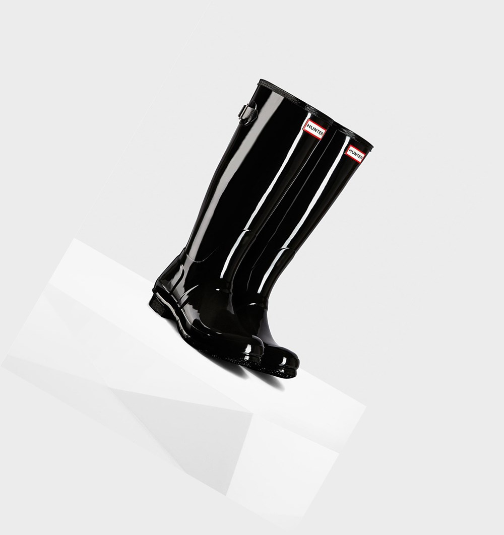 Botas de Agua Hunter Original Back Adjustable Gloss Mujer Negras | 482DULQYT