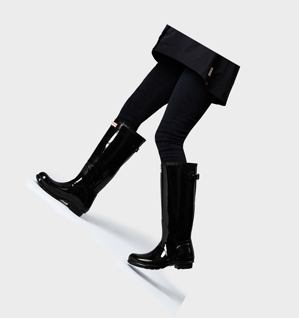 Botas de Agua Hunter Original Back Adjustable Gloss Mujer Negras | 482DULQYT