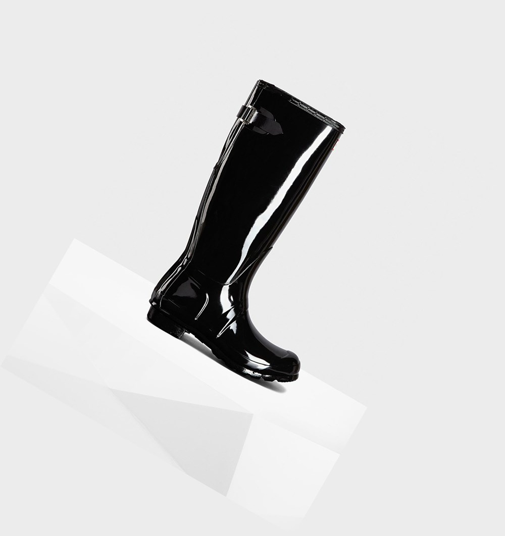 Botas de Agua Hunter Original Back Adjustable Gloss Mujer Negras | 482DULQYT