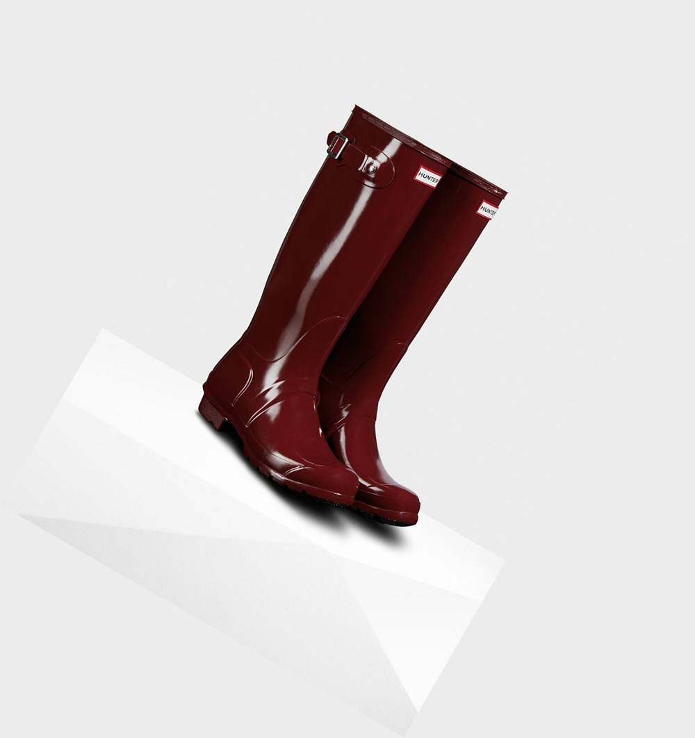 Botas de Agua Hunter Original Gloss Mujer Gris Rojas | 371MHGBNK