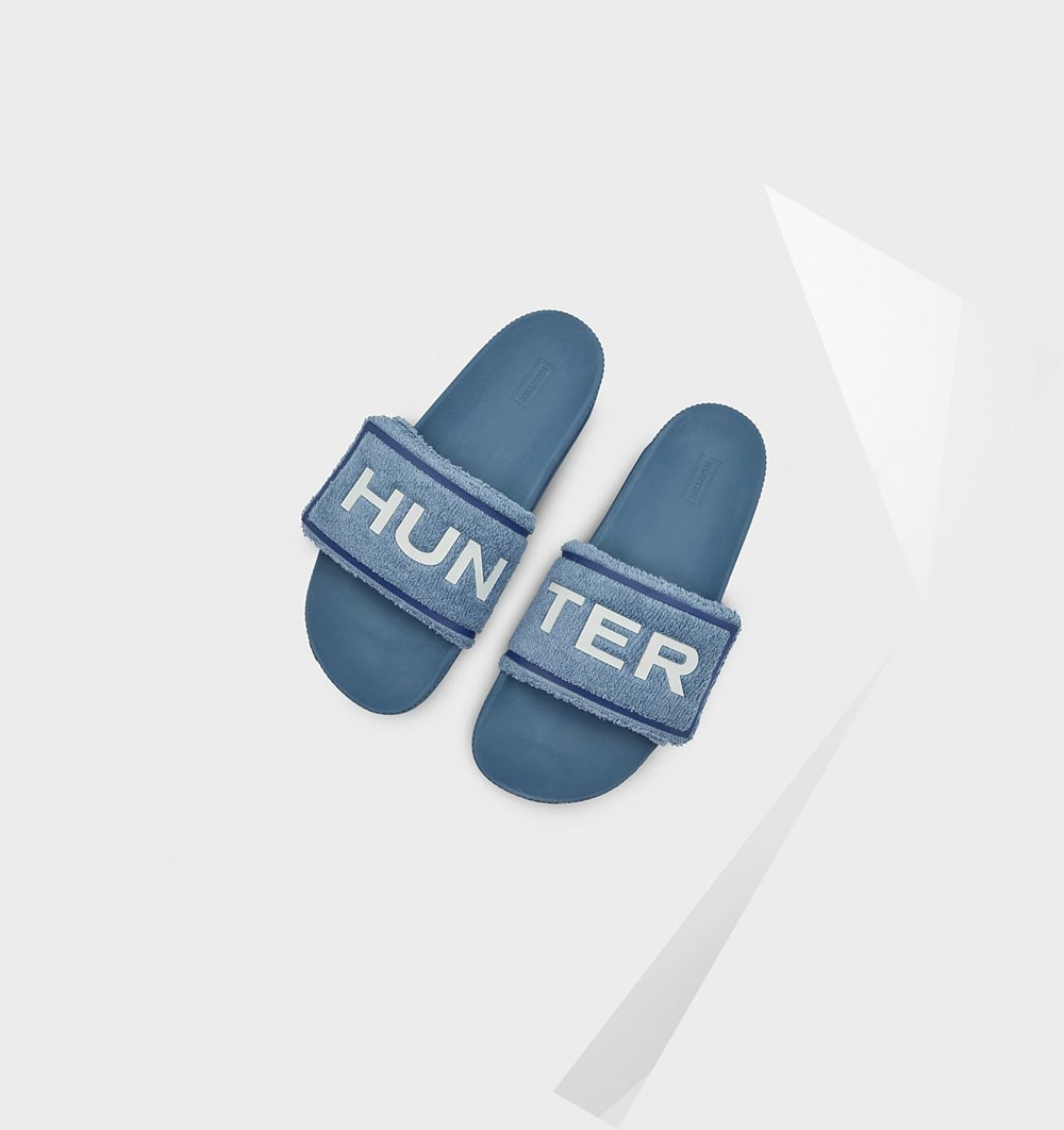 Sandalias de Diapositivas Hunter Original Terry Towelling Logo Adjustable Hombre Azules | 087FEZOWB