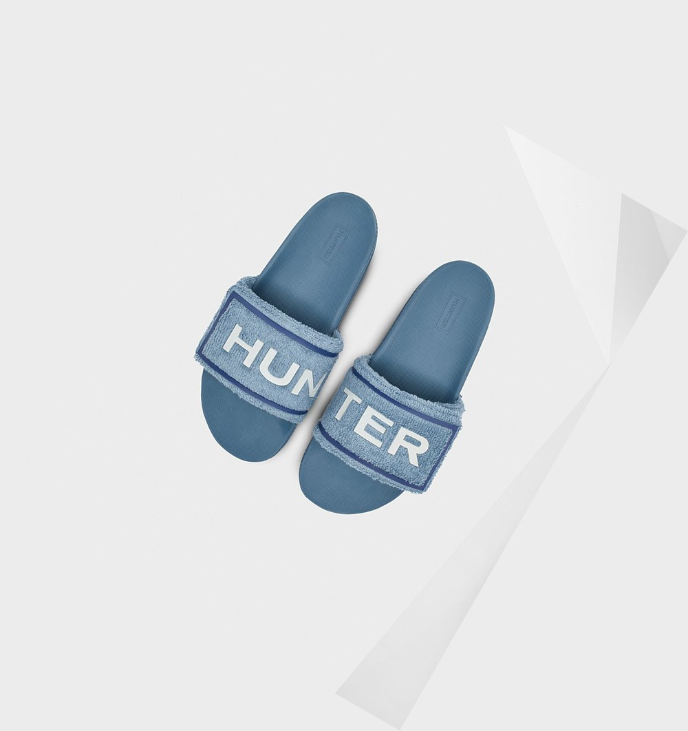 Sandalias de Diapositivas Hunter Original Terry Towelling Logo Adjustable Mujer Azules | 645RVACDB